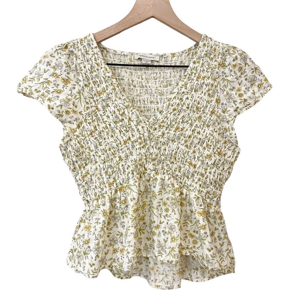 NWOT American Eagle V-Neck Ditsy Floral Smocked Babydoll Blouse - XS/S